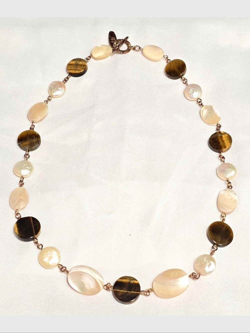 Tiger's Eye Freshwater Pearl Necklace, Mother of Pearl Station Necklace, 16 Inch
